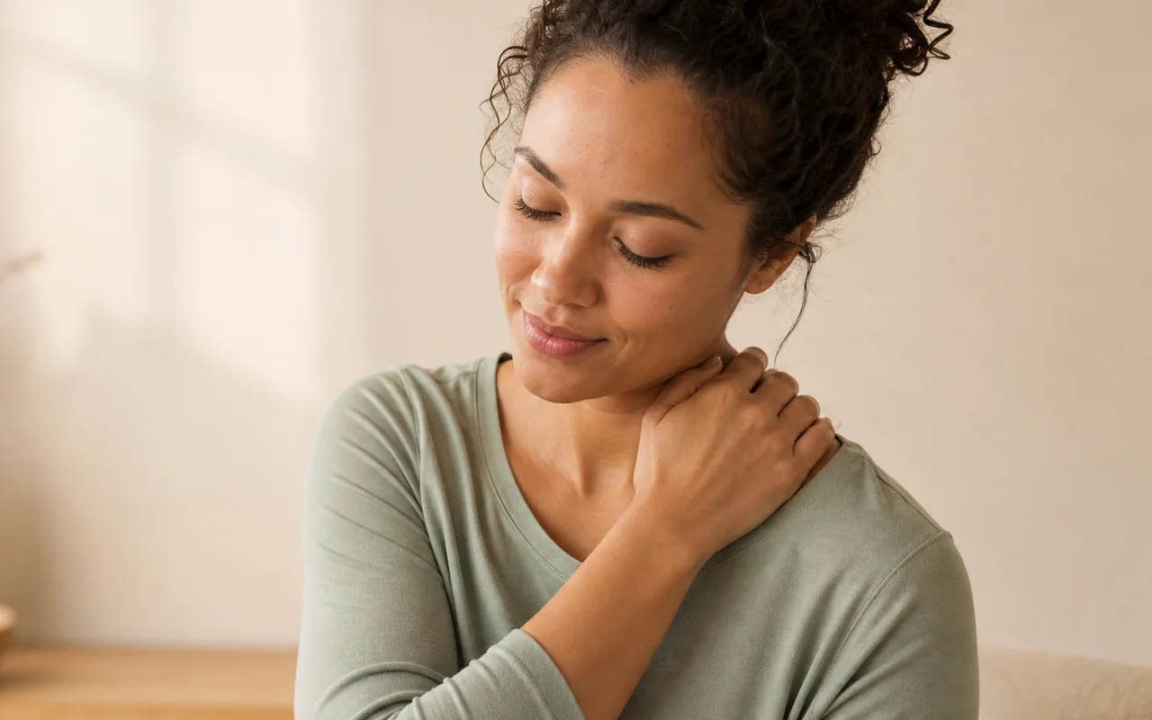 A person practicing a gentle neck and shoulder self-massage