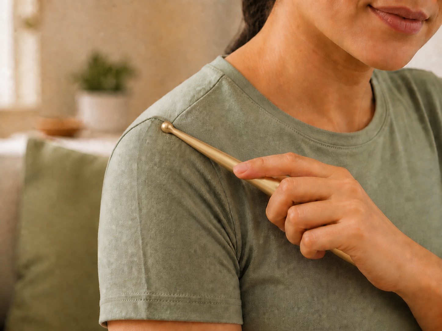 Photo of positioning the champagne-gold metal massage stick near the shoulder