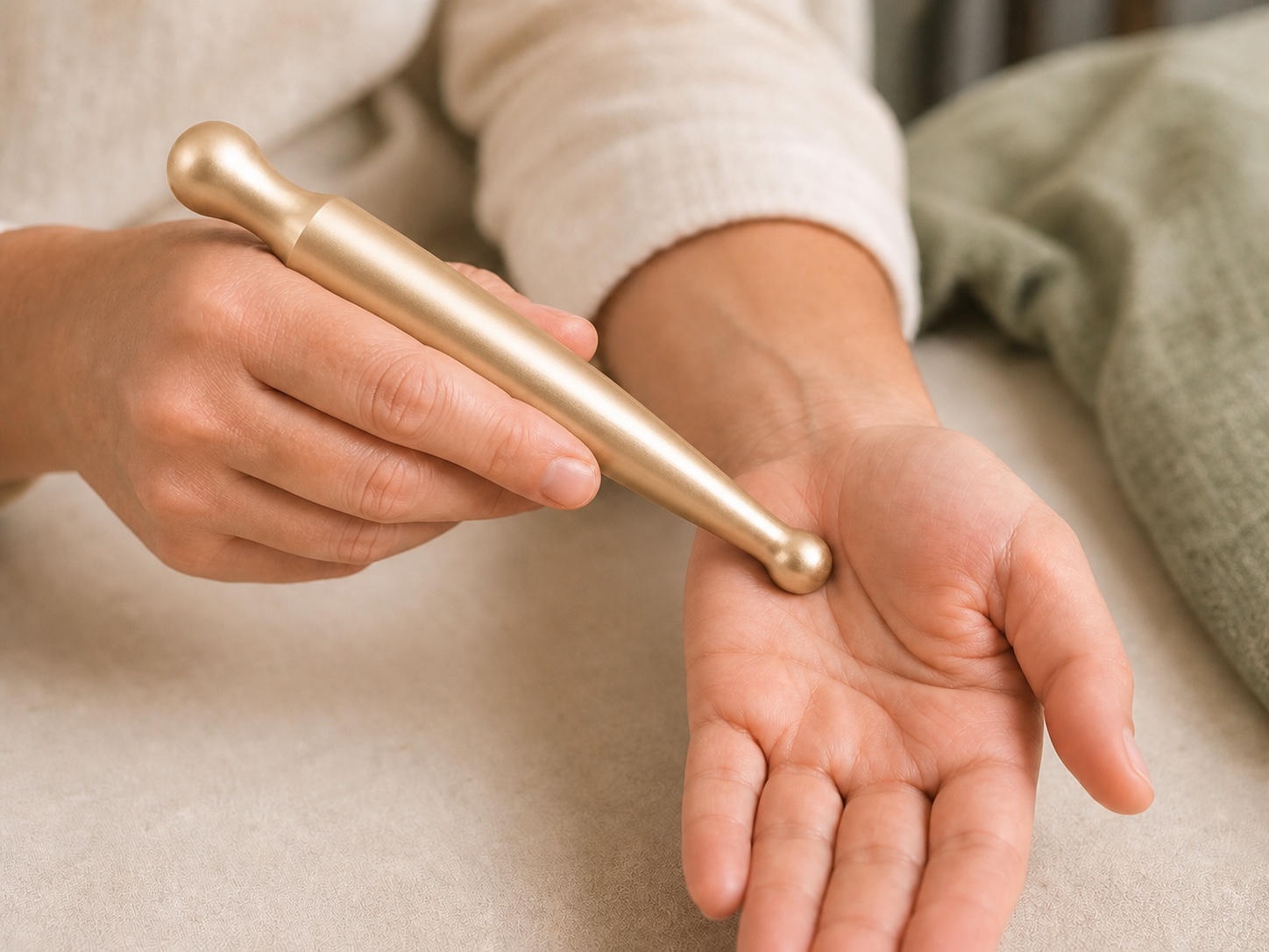 Photo of applying gentle pressure to the palm with the champagne-gold metal massage stick