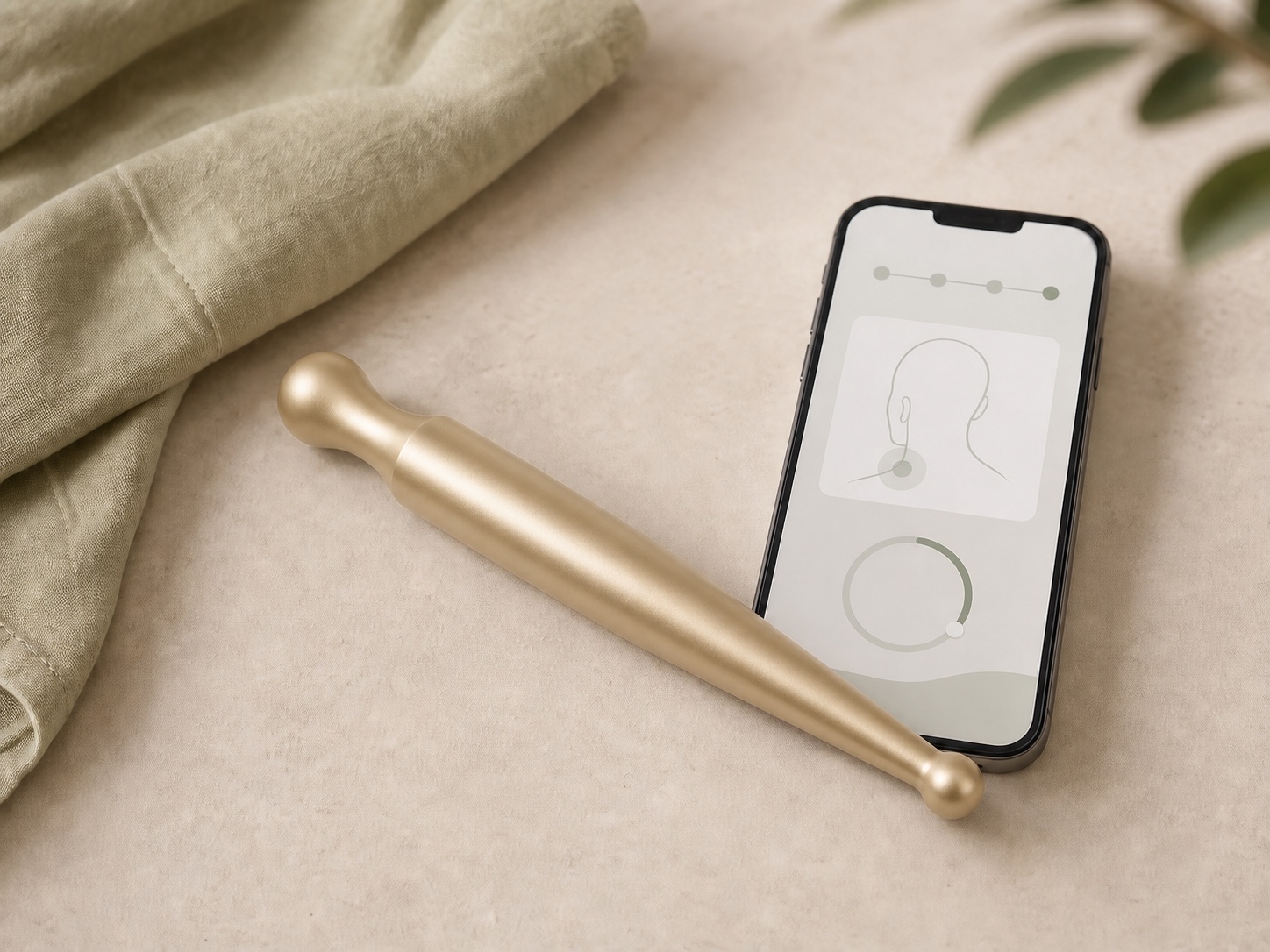 Photo of the champagne-gold metal massage stick beside a guided routine on a phone